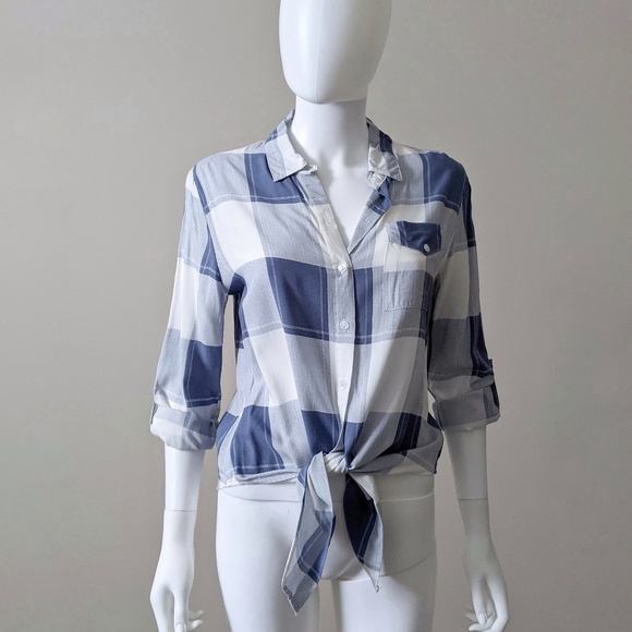 Blue & White Plaid Tie Front Shirt - Picture 1 of 5